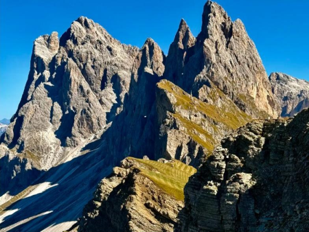 Groene weide met naaldbomen aan de voet van een steile dolomietwand – Lech de Ciampedel in de Vallunga, Val Gardena
